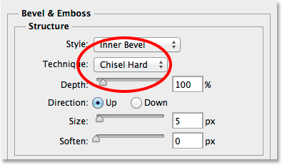 Changing the Bevel and Emboss technique to Chisel Hard. 