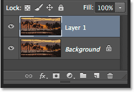 The Layers panel showing the copy layer above the original Background layer. 