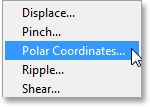 Selecting the Polar Coordinates filter. Image © 2013 Photoshop Essentials.com