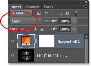 Changing the blend mode of the Gradient Fill layer to Color. Image © 2013 Photoshop Essentials.com