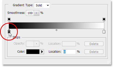 Editing the left color stop for the gradient. Image © 2013 Photoshop Essentials.com