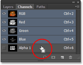 Loading the Alpha 1 selection from the Channels panel. Image © 2013 Photoshop Essentials.com