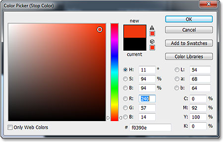 Selecting a new gradient color from the Color Picker. Image © 2013 Photoshop Essentials.com