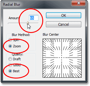 The Radial Blur filter settings. Image © 2013 Photoshop Essentials.com