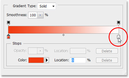 Editing the right color stop for the gradient. Image © 2013 Photoshop Essentials.com
