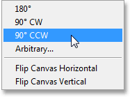 Selecting the Rotate 90 degrees CCW command under the Image menu. Image © 2013 Photoshop Essentials.com