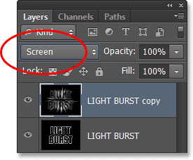 Changing the layer blend mode to Screen. Image © 2013 Photoshop Essentials.com