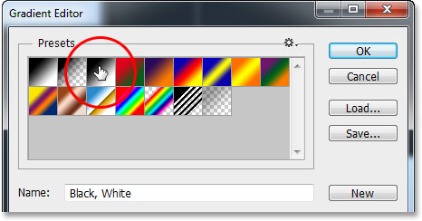 Selecting the Black, White gradient from the Gradient Editor in Photoshop. Image © 2013 Photoshop Essentials.com