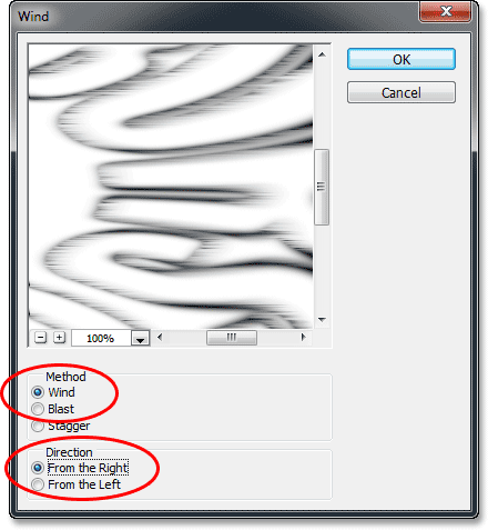 Setting the options for the Wind filter in Photoshop. Image © 2013 Photoshop Essentials.com