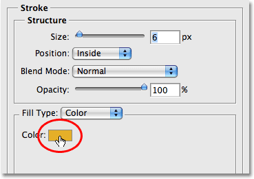 The stroke color swatch in the Layer Style dialog box. Image © 2008 Photoshop Essentials.com