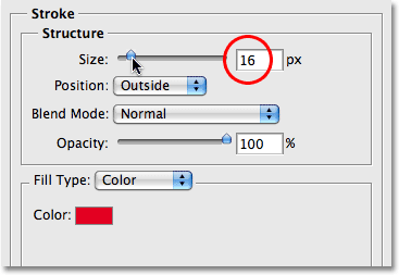 Increasing the stroke size in Photoshop. Image © 2008 Photoshop Essentials.com