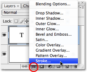 Selecting 'Stroke' from the list of Layer Styles at the bottom of the Layers palette. Image © 2008 Photoshop Essentials.com