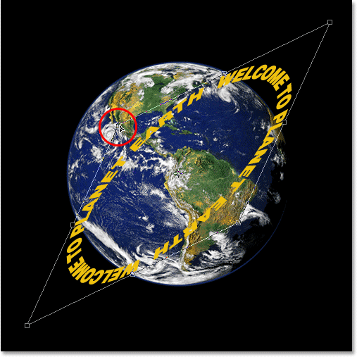 Adobe Photoshop Text Effects: Dragging the top right handle in towards the center of the planet to create the 3D perspective.