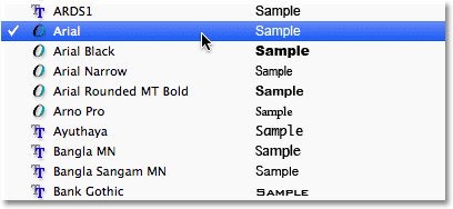 The list of available fonts in Photoshop. Image © 2011 Photoshop Essentials.com