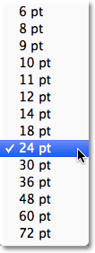 A list of preset font sizes in the Options Bar. Image © 2011 Photoshop Essentials.com