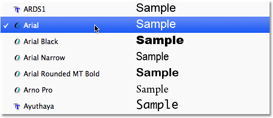 The font preview now appears extra large. Image © 2011 Photoshop Essentials.com