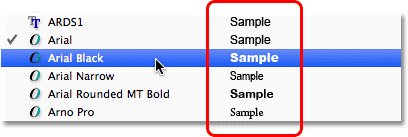 A sample of each font appears beside the font's name in Photoshop. Image © 2011 Photoshop Essentials.com