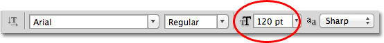 Entering a font size manually into the Options Bar. Image © 2011 Photoshop Essentials.com