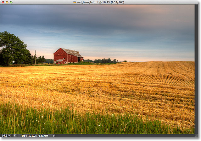 An HDR photo of a red barn in a field. Image © 2012 Steve Patterson, Photoshop Essentials.com