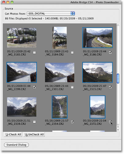 Selecting images to import from the Photo Downloader in Adobe Bridge CS4. Image © 2010 Photoshop Essentials.com.