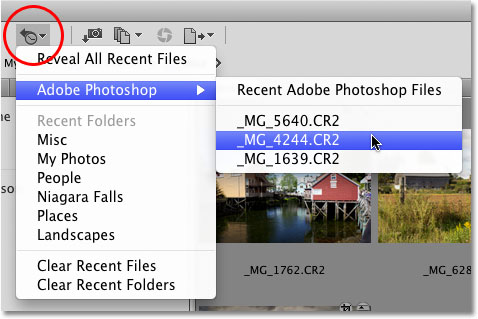 The Recent Files or Folders icon in Adobe Bridge CS4. Image © 2010 Photoshop Essentials.com.