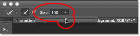 Changing the brush size in the Options Bar. 