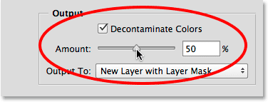 Selecting the Decontaminate Colors option in Refine Edge. 