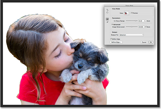 The initial selection created with the Focus Area command in Photoshop CC 2014. 