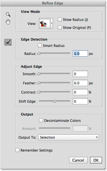 The Refine Edge dialog box in Photoshop CC 2014. 
