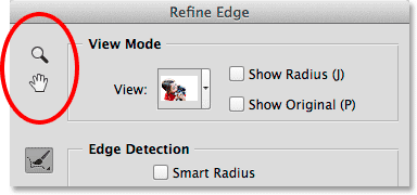 The Zoom Tool and Hand Tool icons in the Refine Edge dialog box. 