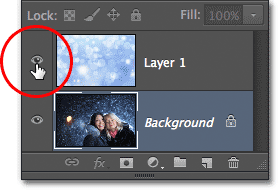 Clicking on the layer visibility icon for the top layer in the Layers panel. Image © 2012 Photoshop Essentials.com