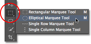 Selecting the Elliptical Marquee Tool from the Tools panel. Image © 2012 Photoshop Essentials.com