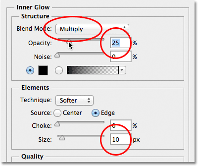 The Inner Glow options in the Layer Style dialog box. Image © 2012 Photoshop Essentials.com