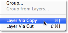Selecting the New Layer via Copy command from the Layer menu in Photoshop. Image © 2012 Photoshop Essentials.com