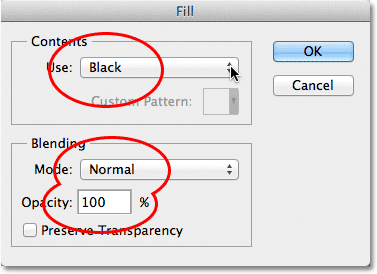 The Fill command dialog box in Photoshop. Image © 2012 Photoshop Essentials.com