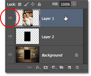 Selecting and turning on Layer 1 in the Layers panel. Image © 2012 Photoshop Essentials.com