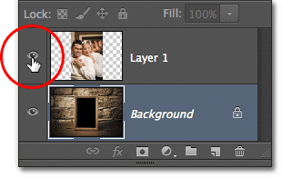 Clicking the visibility icon for Layer 1 in the Layers panel. Image © 2012 Photoshop Essentials.com