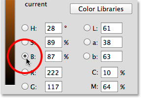 Selecting the Brightness mode in the Color Picker. 