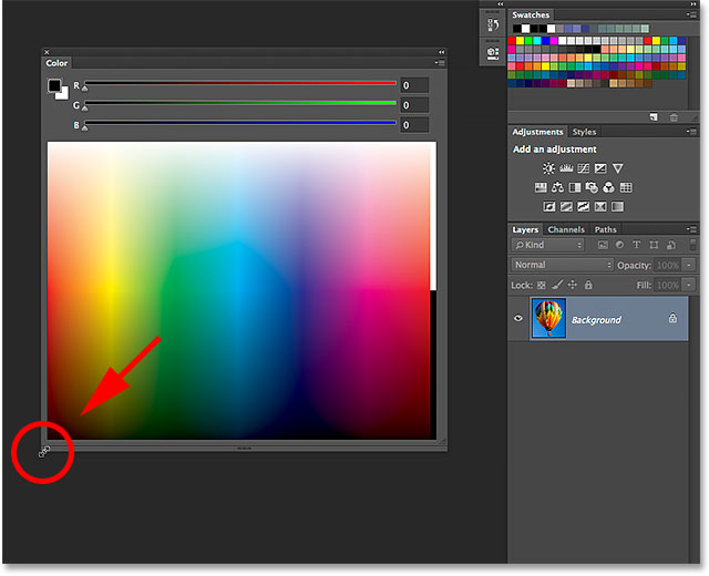 Resizing the Color panel in Photoshop CC 2014. 