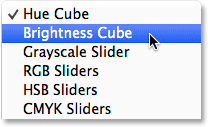 Selecting the Brightness Cube from the Color panel menu. 