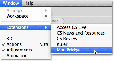 Choosing Mini Bridge from the Window > Extensions menu in Photoshop CS5. Image © 2010 Steve Patterson, Photoshop Essentials.com