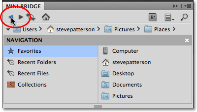 The Browse icons in Mini Bridge in Photoshop CS5. Image © 2010 Steve Patterson, Photoshop Essentials.com