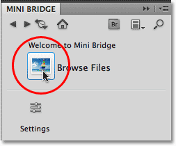 Clicking the Browse Files icon in Mini Bridge in Photoshop CS5. Image © 2010 Steve Patterson, Photoshop Essentials.com