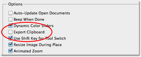 The Export Clipboard option in the Photoshop Preferences dialog box in Photoshop CS5. Image © 2010 Steve Patterson, Photoshop Essentials.com