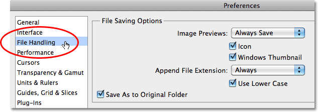 Photoshop CS5 File Handling Preferences. Image © 2010 Steve Patterson, Photoshop Essentials.com