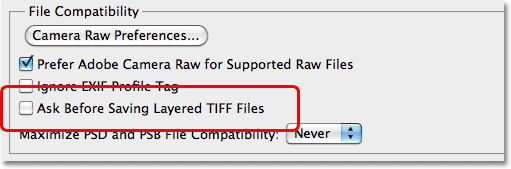 The Ask Before Saving Layered TIFF Files in the Photoshop CS5 Preferences. Image © 2010 Steve Patterson, Photoshop Essentials.com