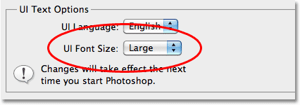 The UI Font Size option in the Preferences in Photoshop CS5. Image © 2010 Steve Patterson, Photoshop Essentials.com