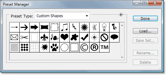 Adobe Photoshop tutorial image: Only Photoshop's default shapes now appear inside the Preset Manager.