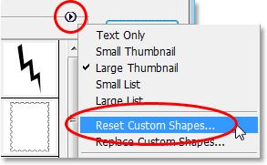 Adobe Photoshop tutorial image: Resetting the Custom Shapes in Photoshop to the defaults.