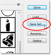 Adobe Photoshop tutorial image: Clicking the 'Save Set' button on the right of the Preset Manager in Photoshop.